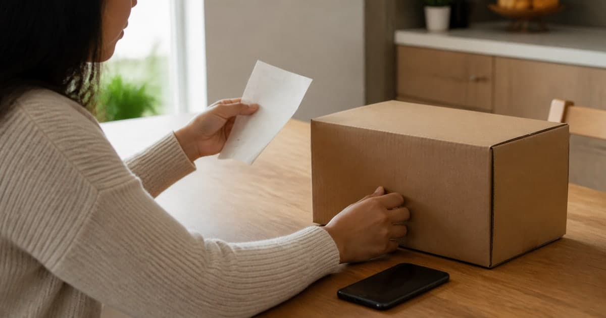 Una persona revisa su compra recién recibida en casa